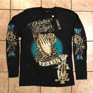 Men's Christian Audigier Long Sleeve T-shirt-Praying Hands/Faith -Size: XL